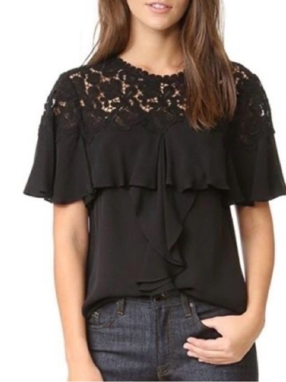 Rebecca Taylor Ruffled Lace-Yoke Georgette Top